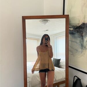 Free People Gold Sheer Top with Beaded Florals